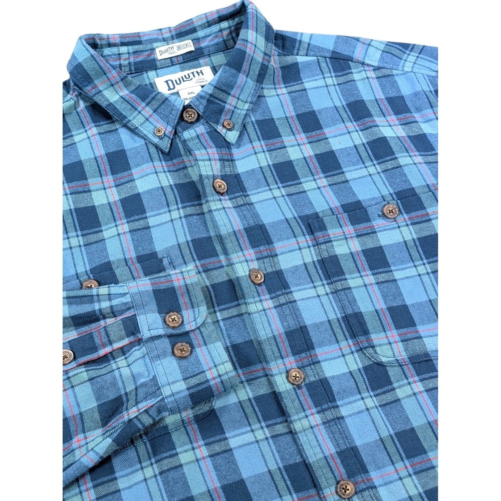 Duluth Trading Flannel Shirt Mens 2XL Blue Plaid Untucked Relaxed Fit Outdoor